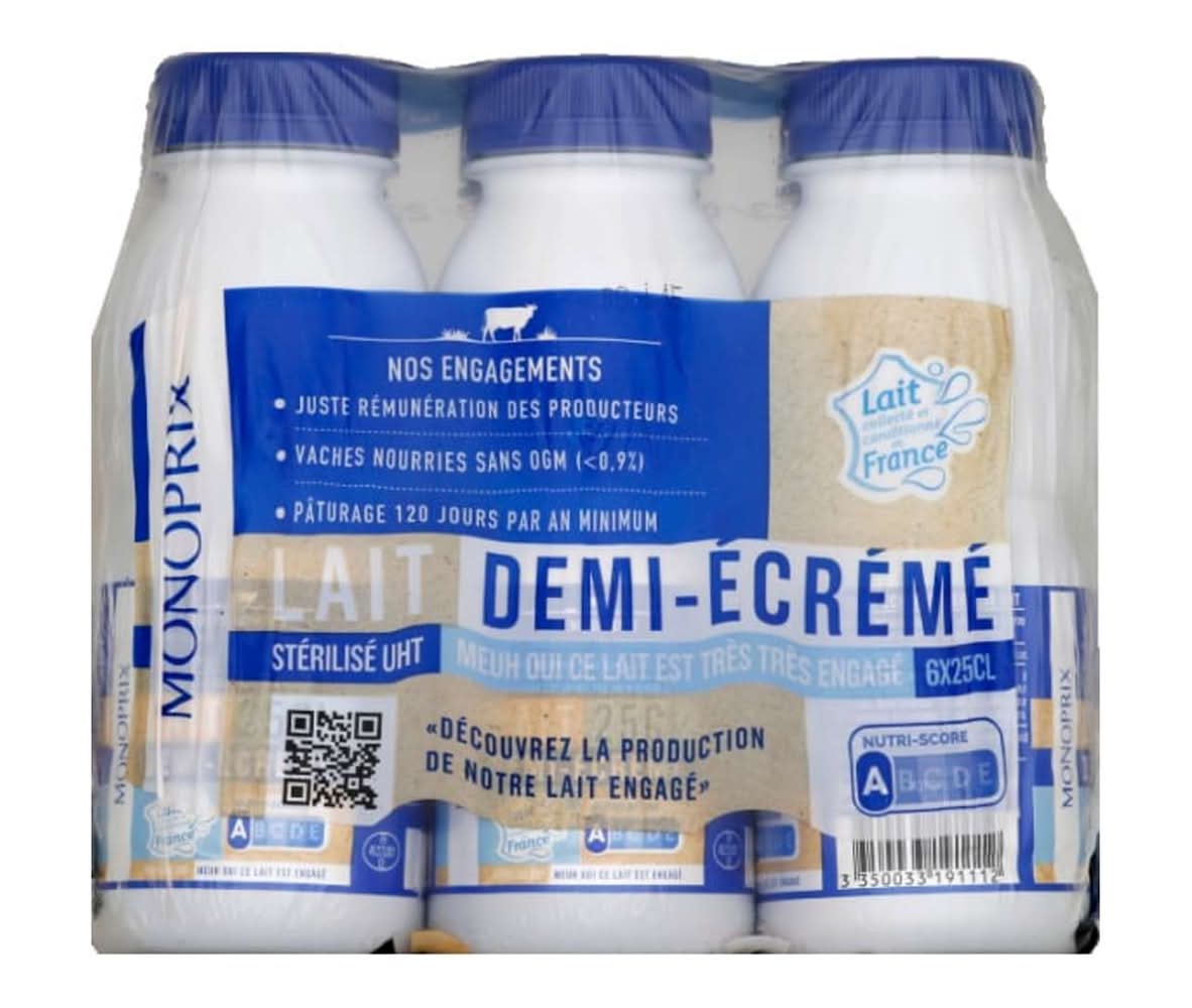 Monoprix - Lait demi écrémé stérilisé uht (6 x 250ml)