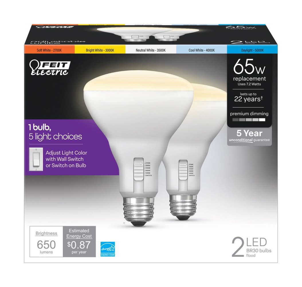 Feit Electric Br30 E26 (Medium) Led Bulb Adjustable White 65 Watt Equivalence 2 Pk