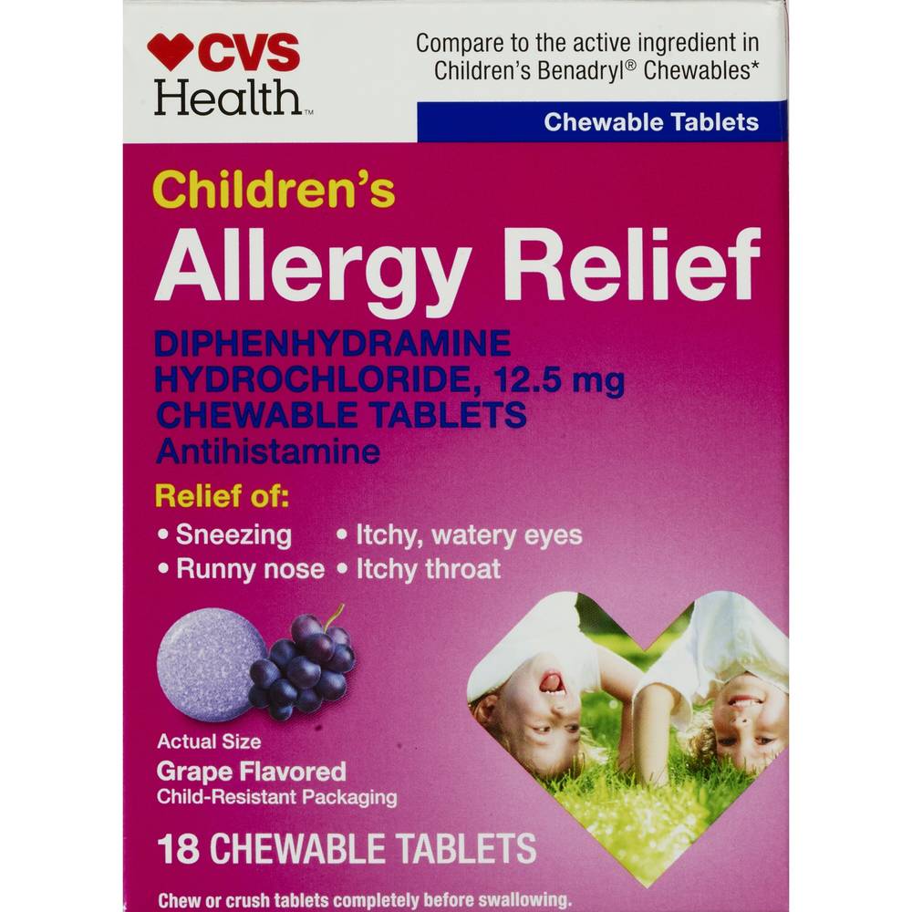 CVS Health Children's Allergy Relief Diphenhydramine HCl Chewable Antihistamine Tablets, Grape, 18 CT