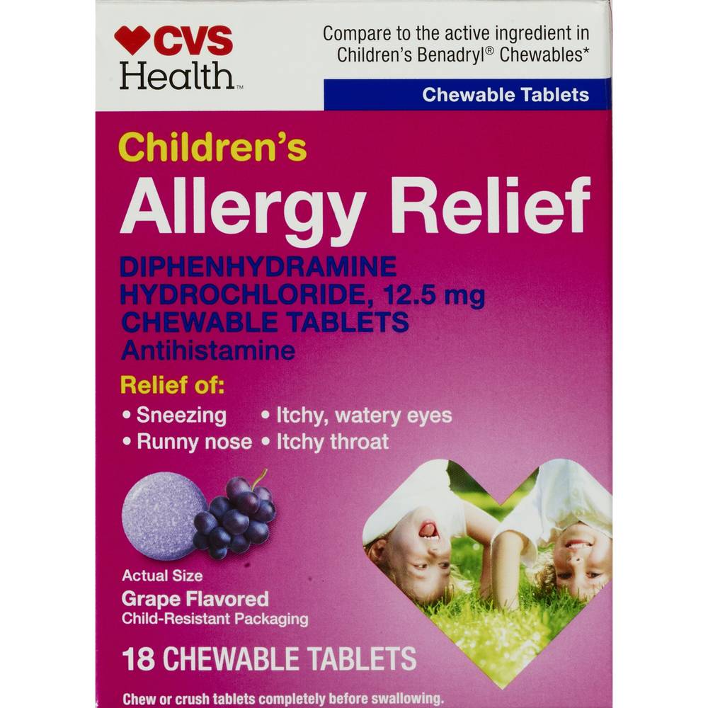 Cvs Health Children'S Allergy Relief Diphenhydramine Hcl Chewable Antihistamine Tablets, Grape, 18 Ct