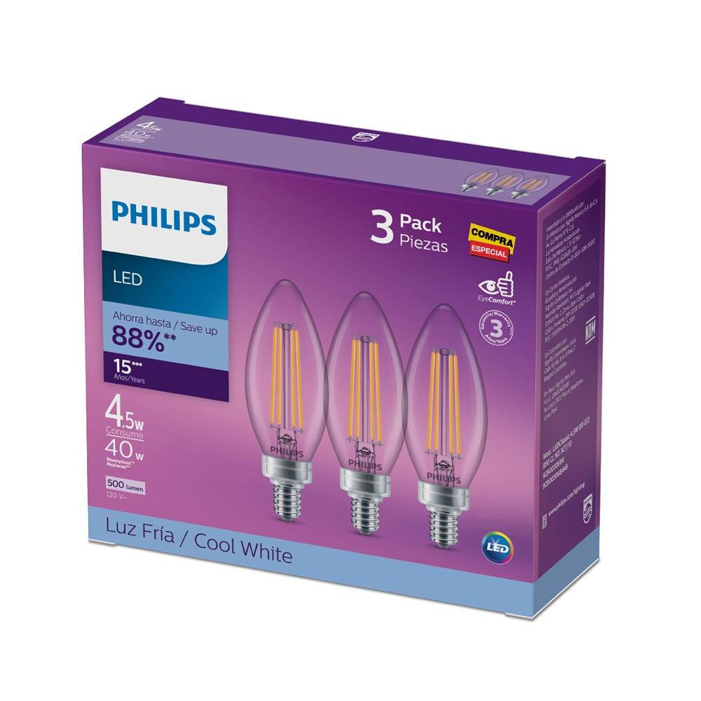 3 pack foco philips led filamento b11 base e12 luz fría no dimeable