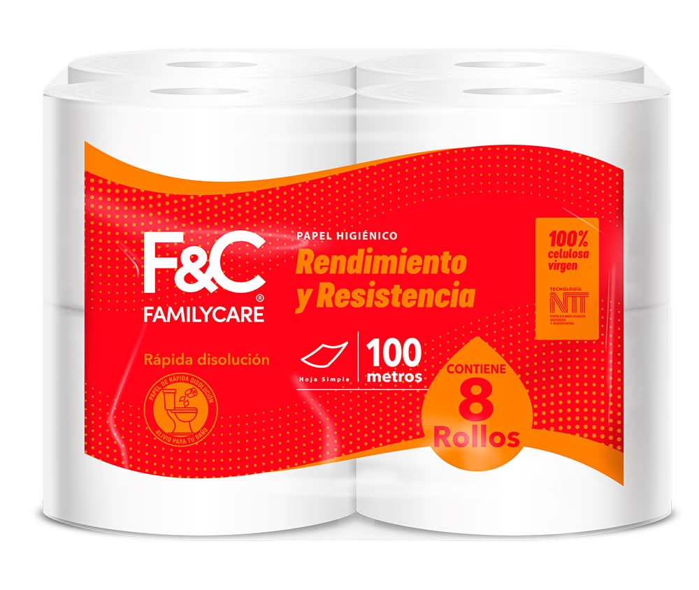 Family Care · Papel higiénico hoja simple - 100m (8 un)
