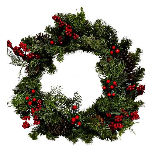 28" Mixed Greenery and Cedar with Pinecones and Red Berries Artificial Christmas Wreath Green - Wondershop™