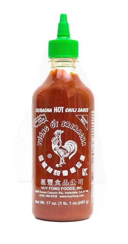 Bottle of Huy Fong Sriracha Garlic