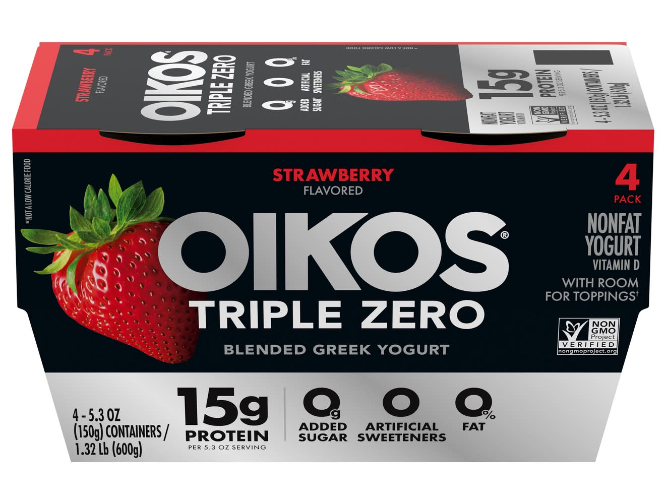 Oikos Gluten Free Triple Zero Blended Nonfat Greek Yogurt, Strawberry (4 x 5.3 oz)