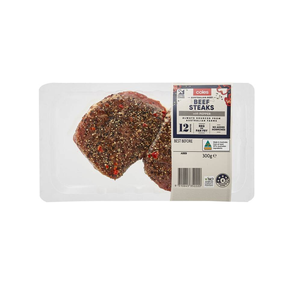 Coles No Added Hormone Peppered Beef Steaks 300g