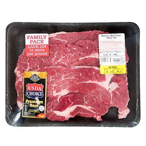 First Street · USDA Choice Boneless Thin Cut Beef Chuck Steak