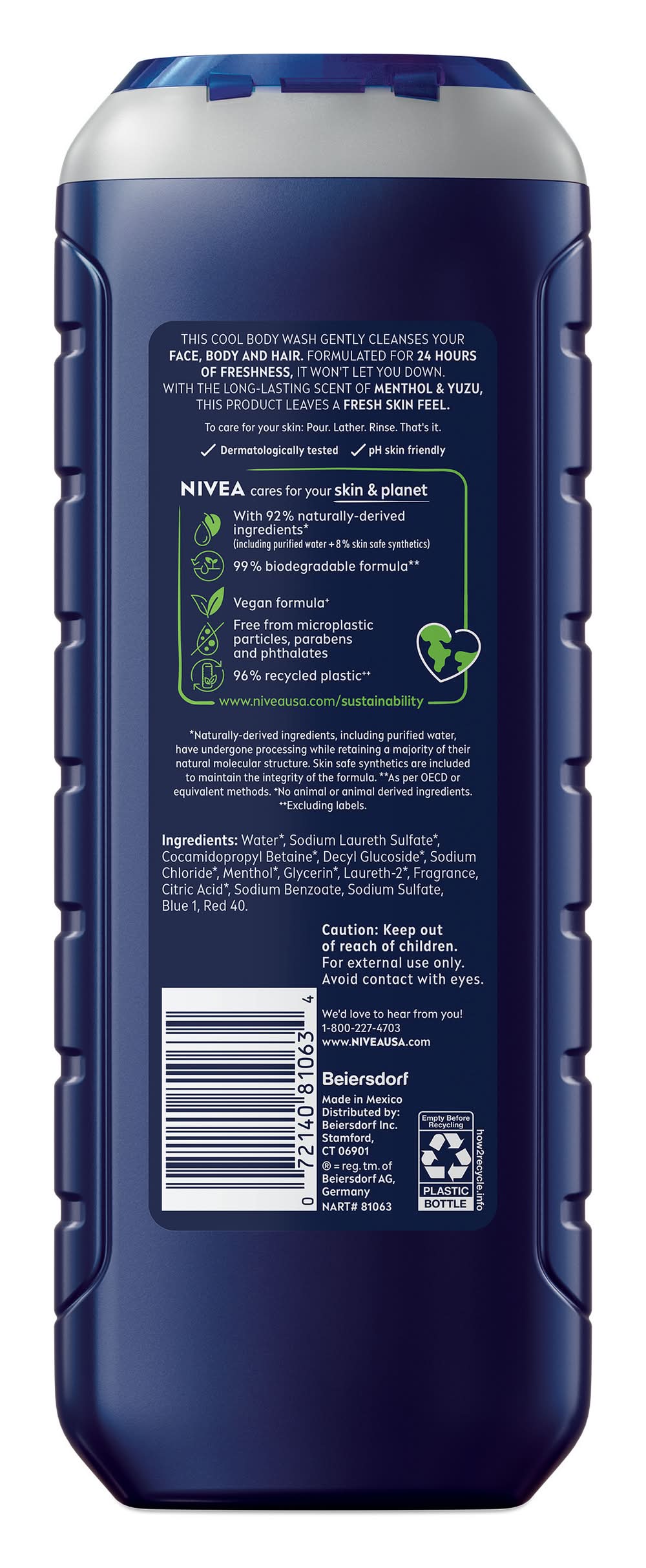 Nivea Men 24 Hr Fresh Cool 3 in 1 Body Wash, Menthol- Yuzu, Men (16.9 fl oz)