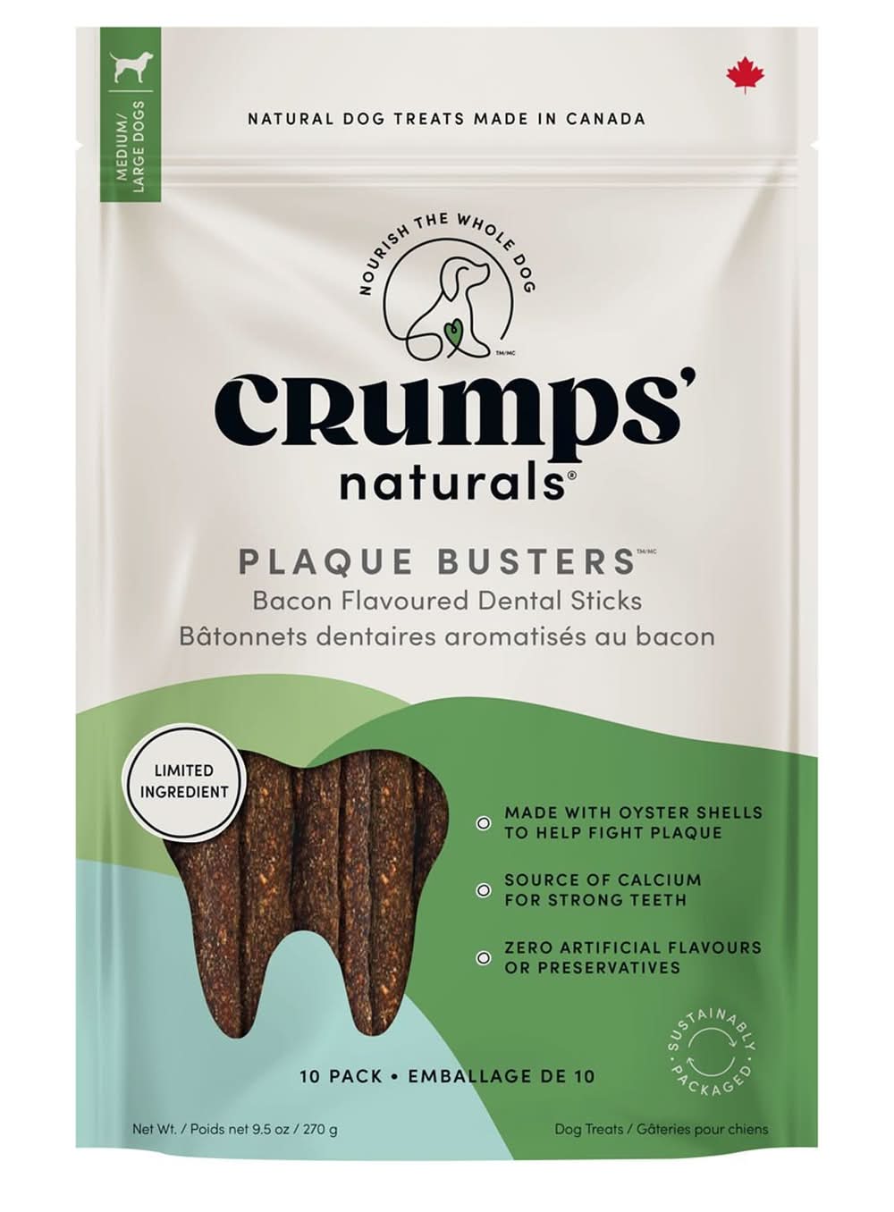 Crumps' Naturals Plaque Busters Bacon Flavoured Dental Sticks Dog Treats, 10 pack