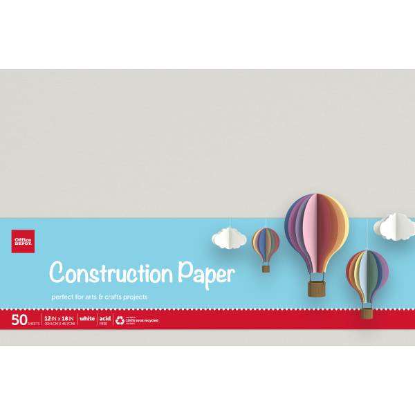 Office Depot Brand Construction Paper, 12" X 18", 100% Recycled, Stone White, pack Of 50 ct