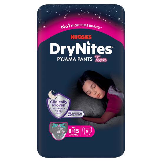 Huggies Drynites, Pyjama Pants, Girl, 8-15 Years (27-57kgs), 9 pants