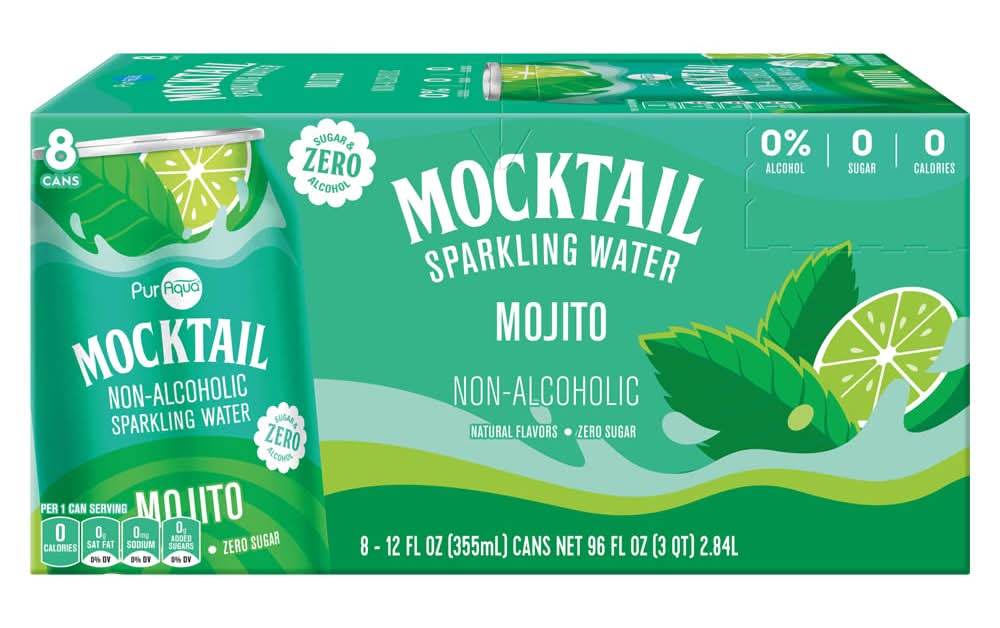 PurAqua Zero Sugar Mocktail Sparkling Water, Mojito (8 x 12 fl oz)