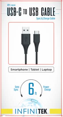Infini tek Usb Type C Tousba Cable, 6 ft, Black
