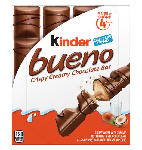 Kinder Bueno Milk Chocolate and Hazelnut Cream, 1 Pack, 4 Individually Wrapped Chocolate Bars, 3 oz