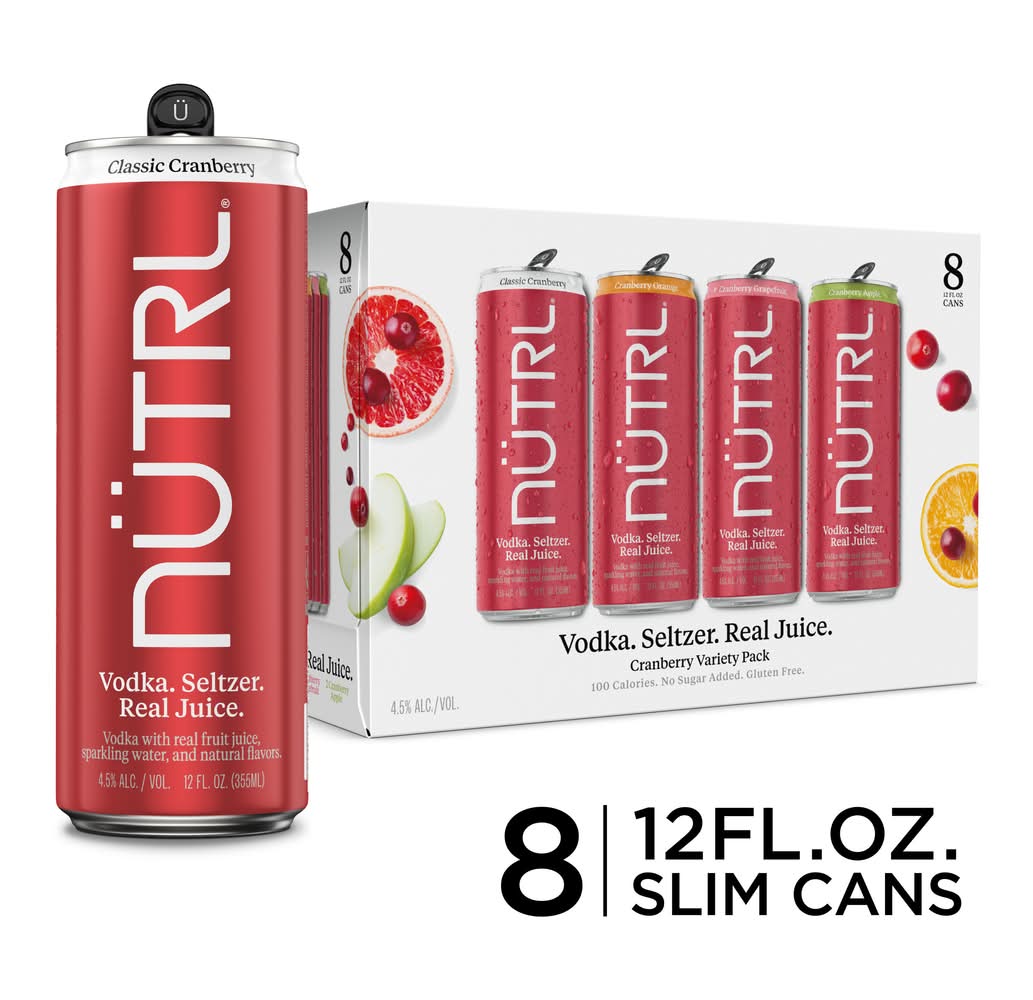 NÜTRL Real Juice Vodka Seltzer Variety pack, Classic Cranberry-Cranberry Orange-Cranberry Grapefruit-Cranberry Apple (8 x 12 fl oz)