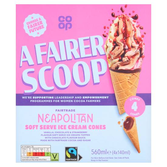 Co-op Vanilla, Chocolate & Strawberry, A Fairer Scoop Fairtrade Neapolitan Soft Serve Ice Cream Cones (4 pack)