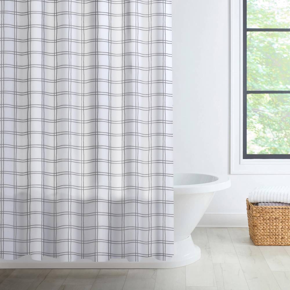 Style Selections 70-in W x 72-in L White Plaid Mildew Resistant Eva/Peva Shower Curtain | MODGRID-001-106