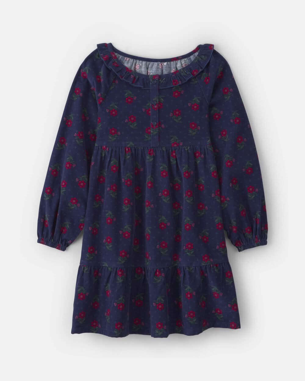 Girls Floral Corduroy Long-Sleeve Dress - Navy Blue - Navy Blue/Red/Green - 4