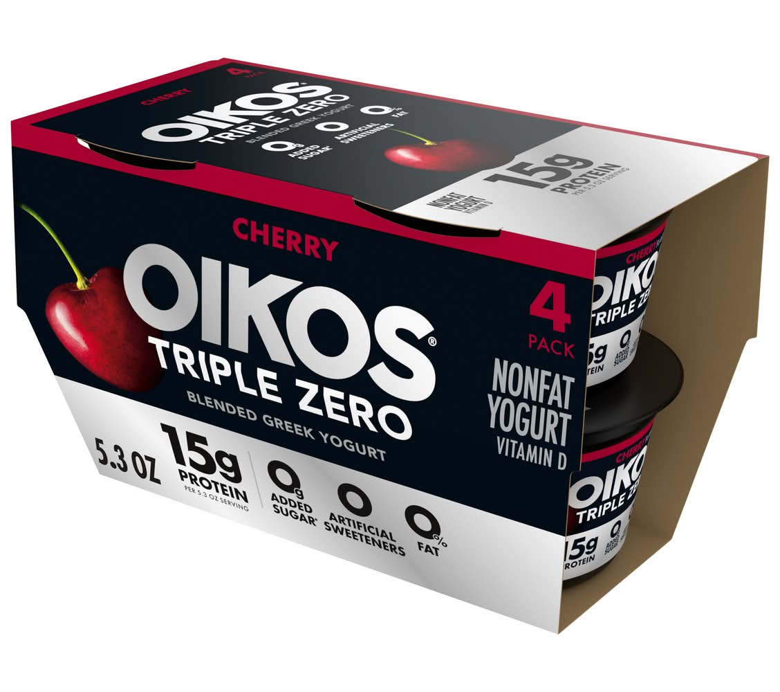 Oikos Triple Zero Nonfat Blended Greek Yogurt, Cherry (4 x 5.3 oz)