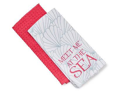 Coastal "Meet Me at the Sea" Pink & Turquoise 2-Piece Kitchen Towel Set