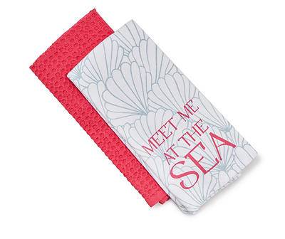 Coastal Meet Me At the Sea Turquoise Kitchen Towel Set (pink & white) (2 ct)