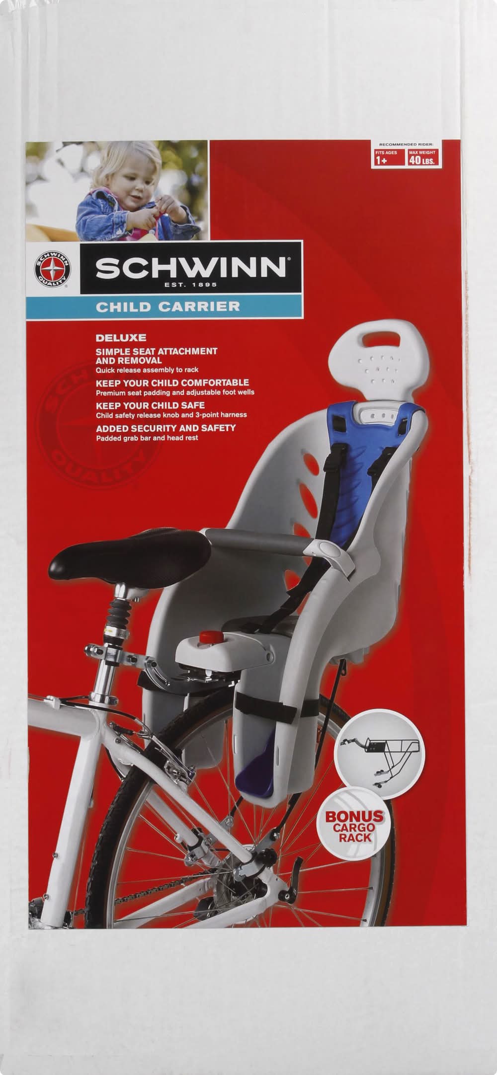schwinn deluxe bicycle child carrier Bike Carrier, Seats one Kid Ages 1+, Frame Mount, 3-Point Safety Harness and Foot Wells, Quick Release Design, Comfortable Padding, Rear-Mounted Child Bike Seat for Toddler Enjoy the freedom of riding with Schwinn. SUMMER FUN! Schwinn Child bike