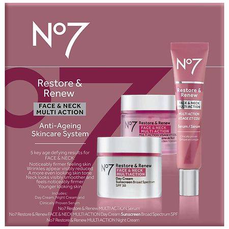 No7 Restore & Renew Multi Action Face & Neck Skincare System Set (3 ct)