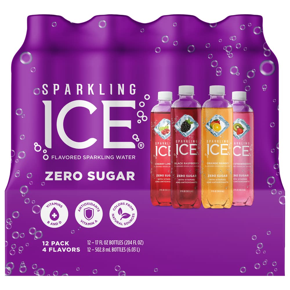 Sparkling Ice Zero Sugar Flavored Sparkling Water, Cherry Limeade-Black Raspberry-Orange Mango-Kiwi Strawberry (12 x 17 fl oz)