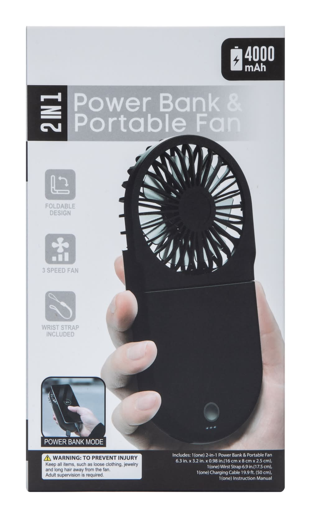 2-In-1 Power Bank & Portable Fan, Black