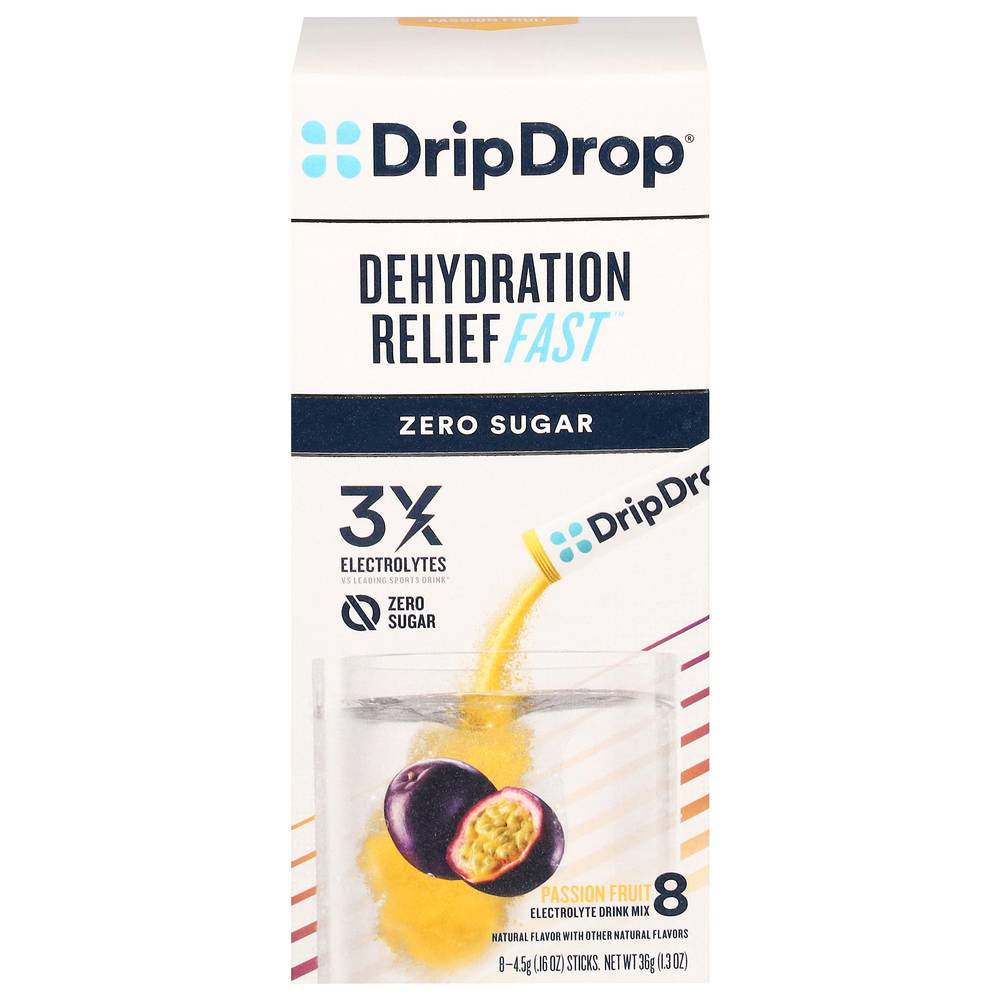 Dripdrop Dehydration Relief Zero Sugar Electrolyte Powder(8Ct) (1.3 oz) (passion fruit)