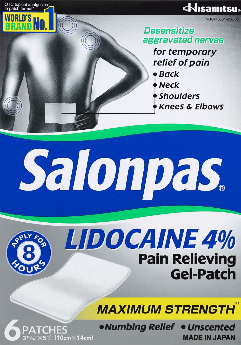 Salonpas Lidocaine 4% Maximum Strength Pain Relieving Unscented Gel Patches, 10x14 cm (6 ct)