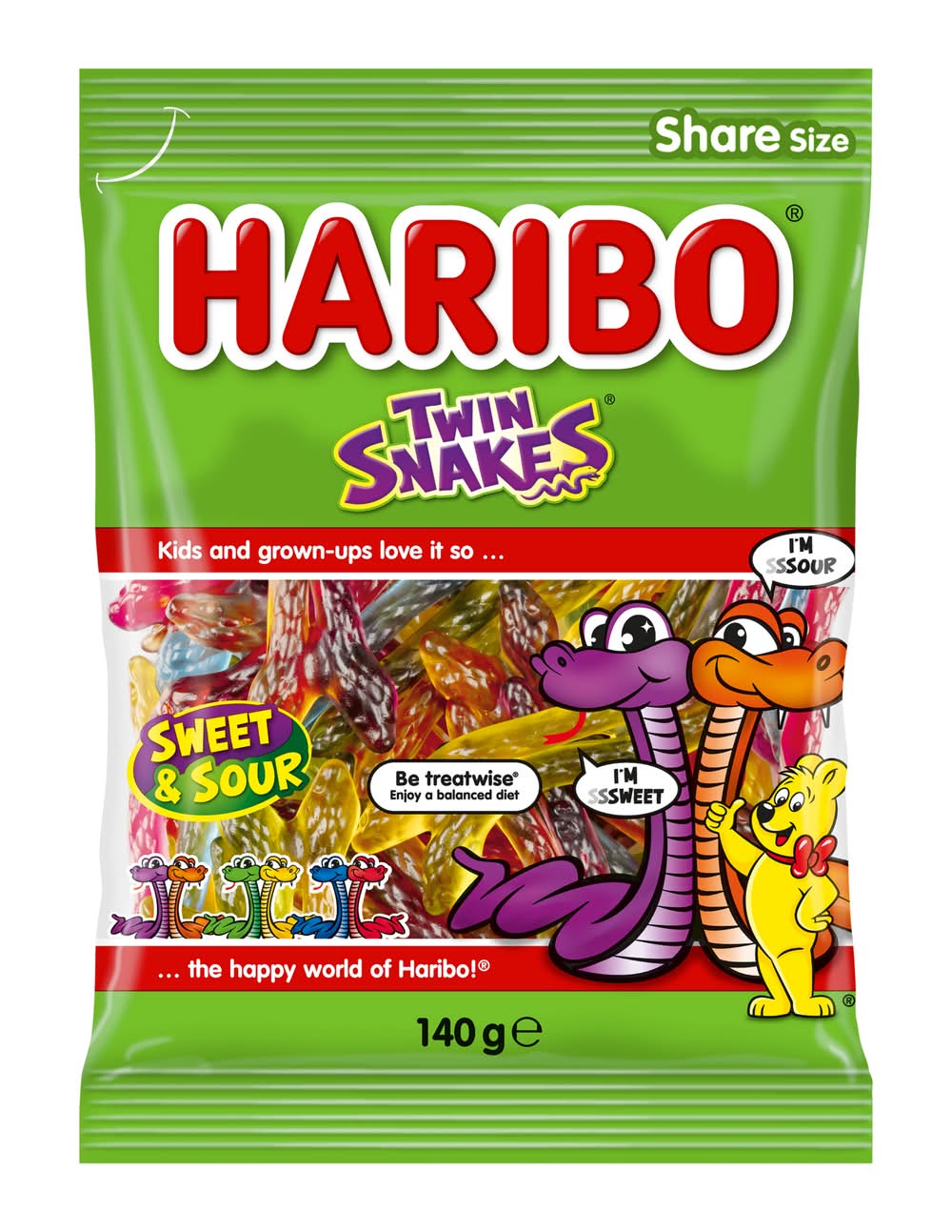 Haribo Sweet & Sour Twin Snakes, Assorted (140g)