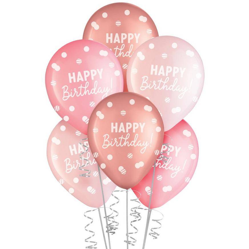 Uninflated 15ct, 11in, Rose Gold Happy Birthday Latex Balloons