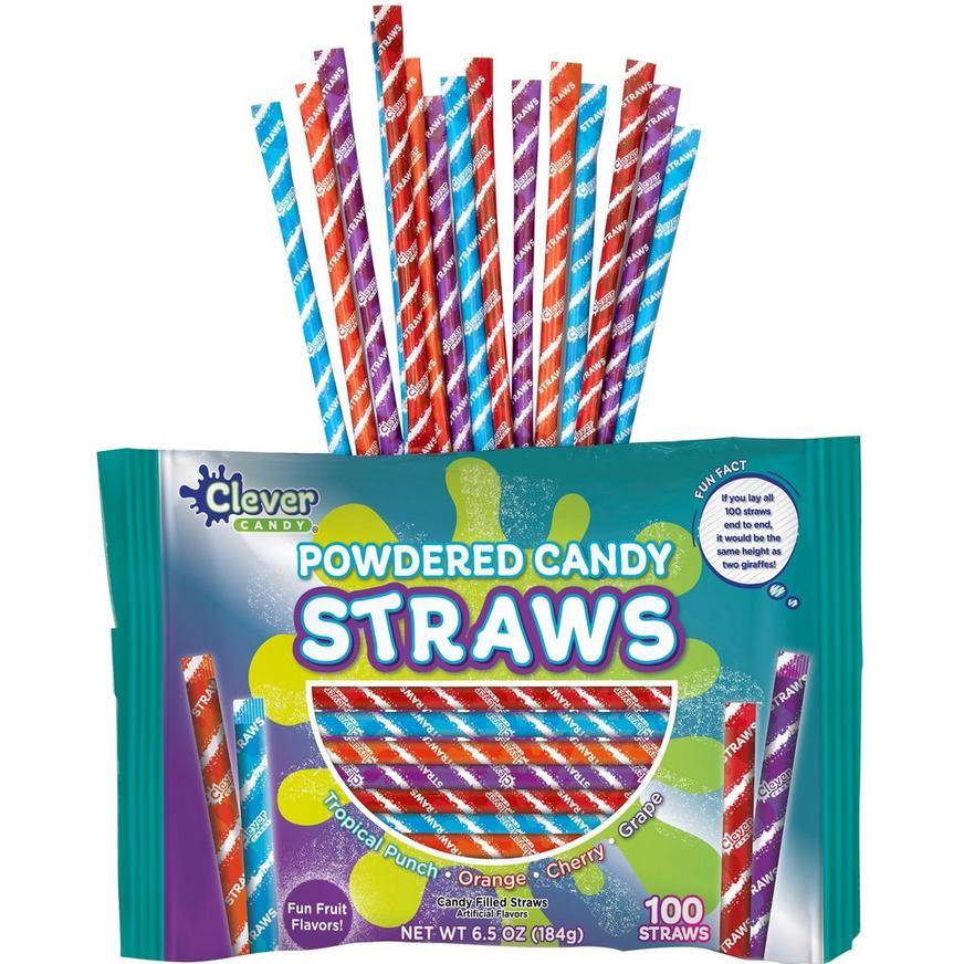 Clever Candy Powdered Candy Straws, 6.5oz, 100pc - Cherry, Grape, Orange Tropical Punch