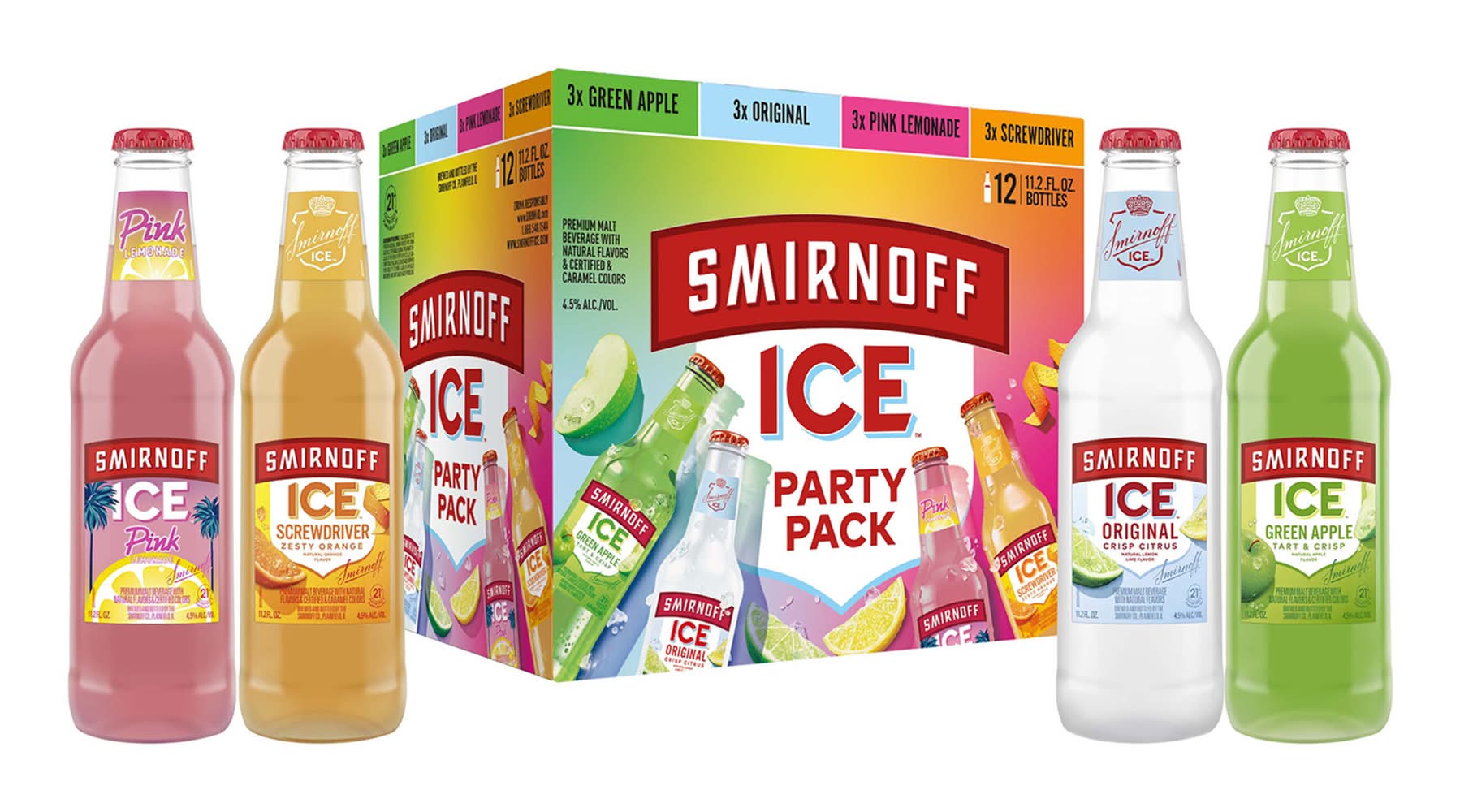 Smirnoff Ice Variety Party pack, Green Apple-Original-Pink Lemonade-Screwdriver (12 x 11.2 fl oz)