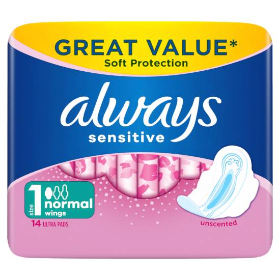 Always Sensitive Normal Ultra Sanitary Towels Wings Size 1 (14 ct)
