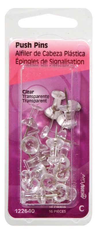 Hillman Anchor Wire Clear Push Pins 16 Pc