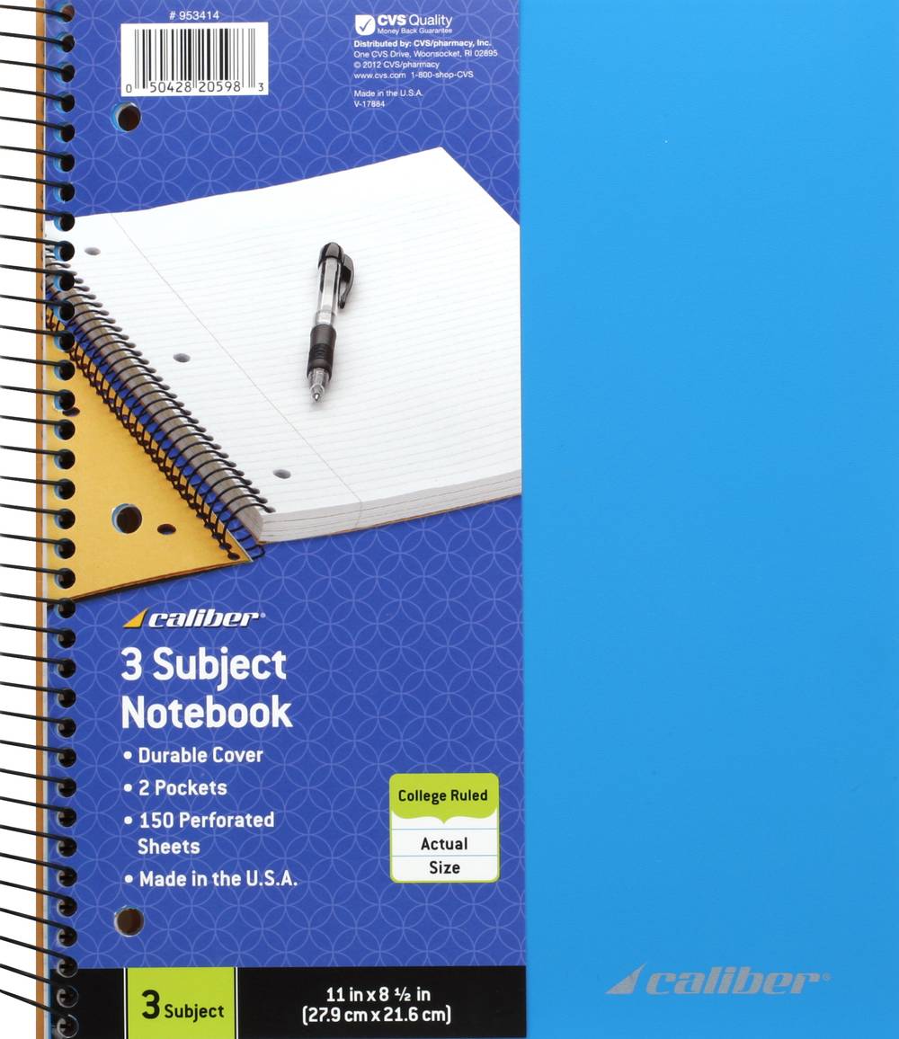 Caliber 3 Subject Notebook, 11 X 8.5 Inches, Blue/Light Blue