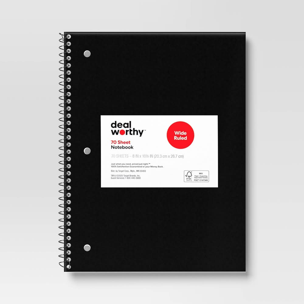 Dealworthy Wide Ruled Spiral Notebook 70 Sheets, 8x10 1/2 in, Black
