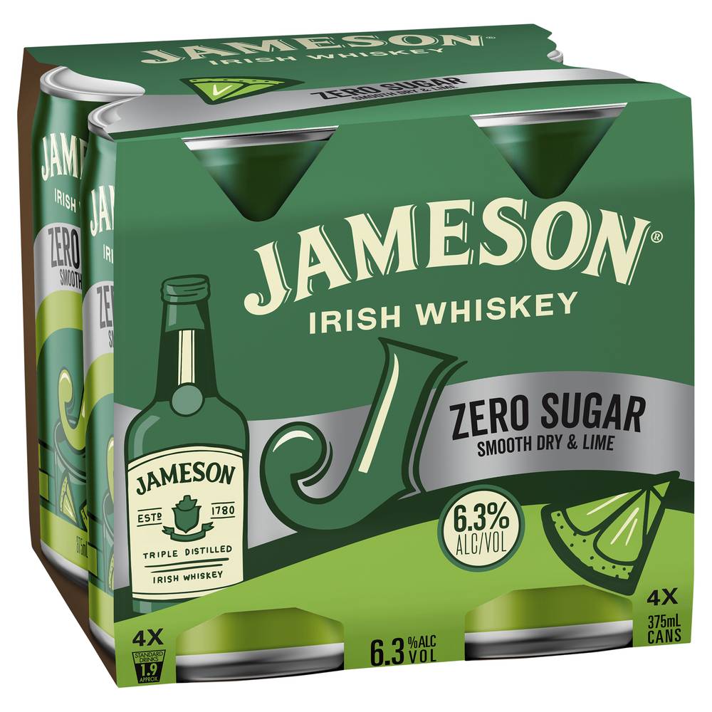 Jameson Zero Sugar Smooth Dry & Lime 6.3% Can 375mL X 4 pack