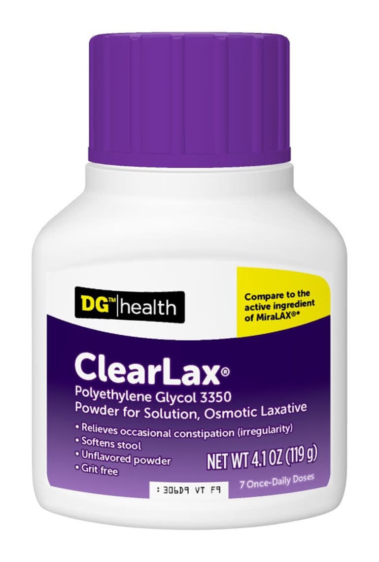 Dg Health Polyethylene Glycol 3350 Powder For Solution Osmotic Laxative Softens Stool Relieves Occasional Constipation 4.1 Ounce