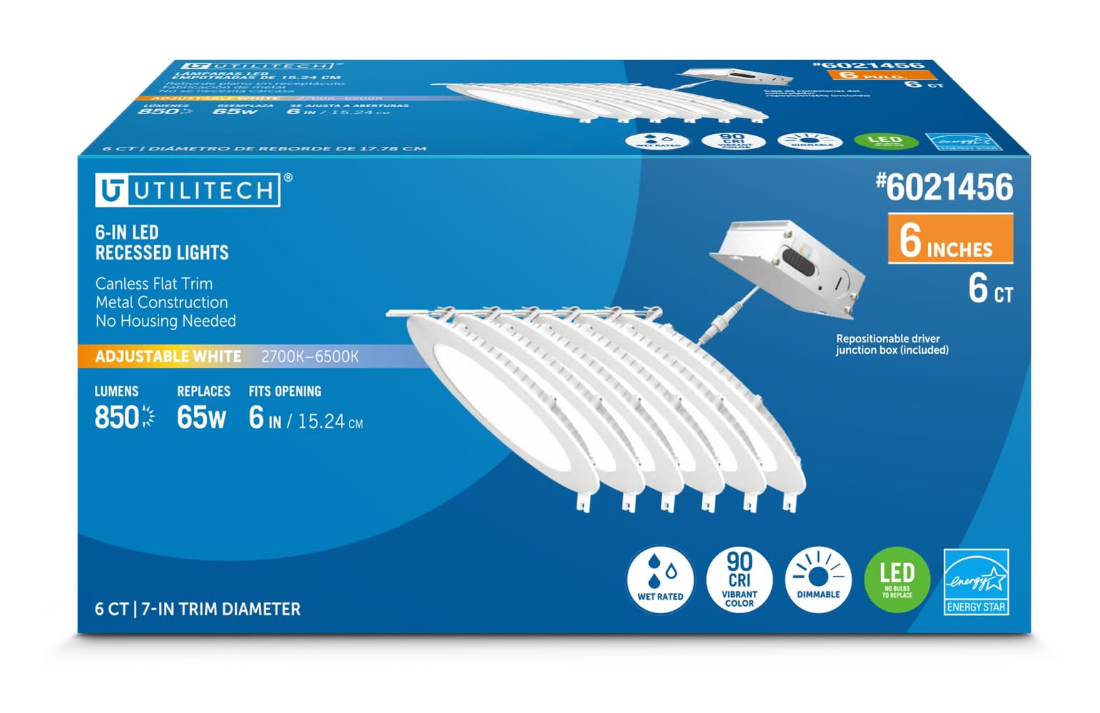 Utilitech White 6-in 850 -Lumens Switchable white Round Dimmable LED Canless Wet rated Recessed Downlight 6 -Pack