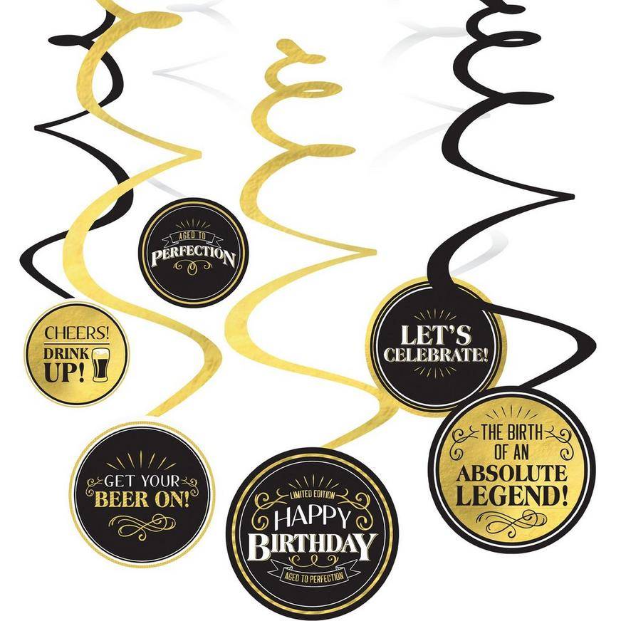 Party City Better With Age Birthday Cardstock Swirl Decorations (5in/black-gold)
