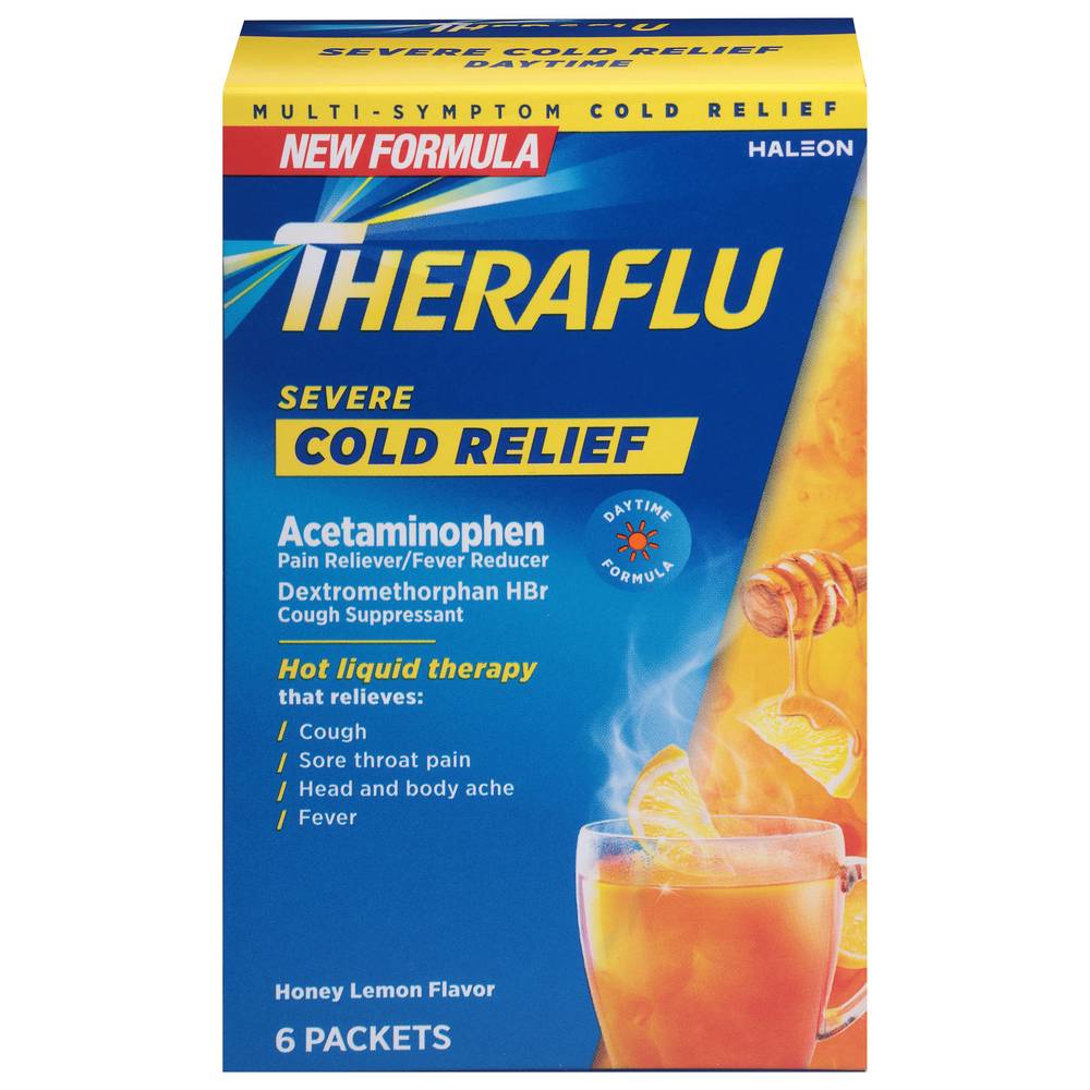 Theraflu Multi-Symptom Acetaminophen Severe Cold Relief Powder, Honey Lemon (6 ct)