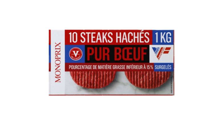Monoprix Steaks hachés pur boeuf 15% mg, surgelés La barquette de 10, 1kg