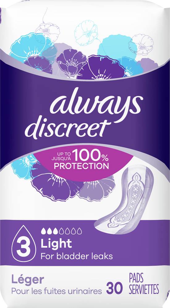 Always Discreet Light 3 Lightly Scented Pads (30 ct)
