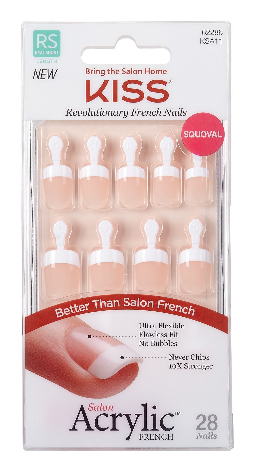 KISS Salon Acrylic French Squoval Real Short Nails, Power Play (0.07 oz)