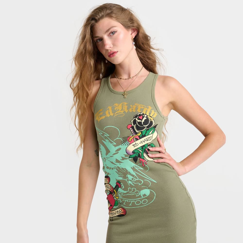 Ed Hardy Black Rose Rib Tank Dress Delivery Near Me | Order Online | Uber  Eats