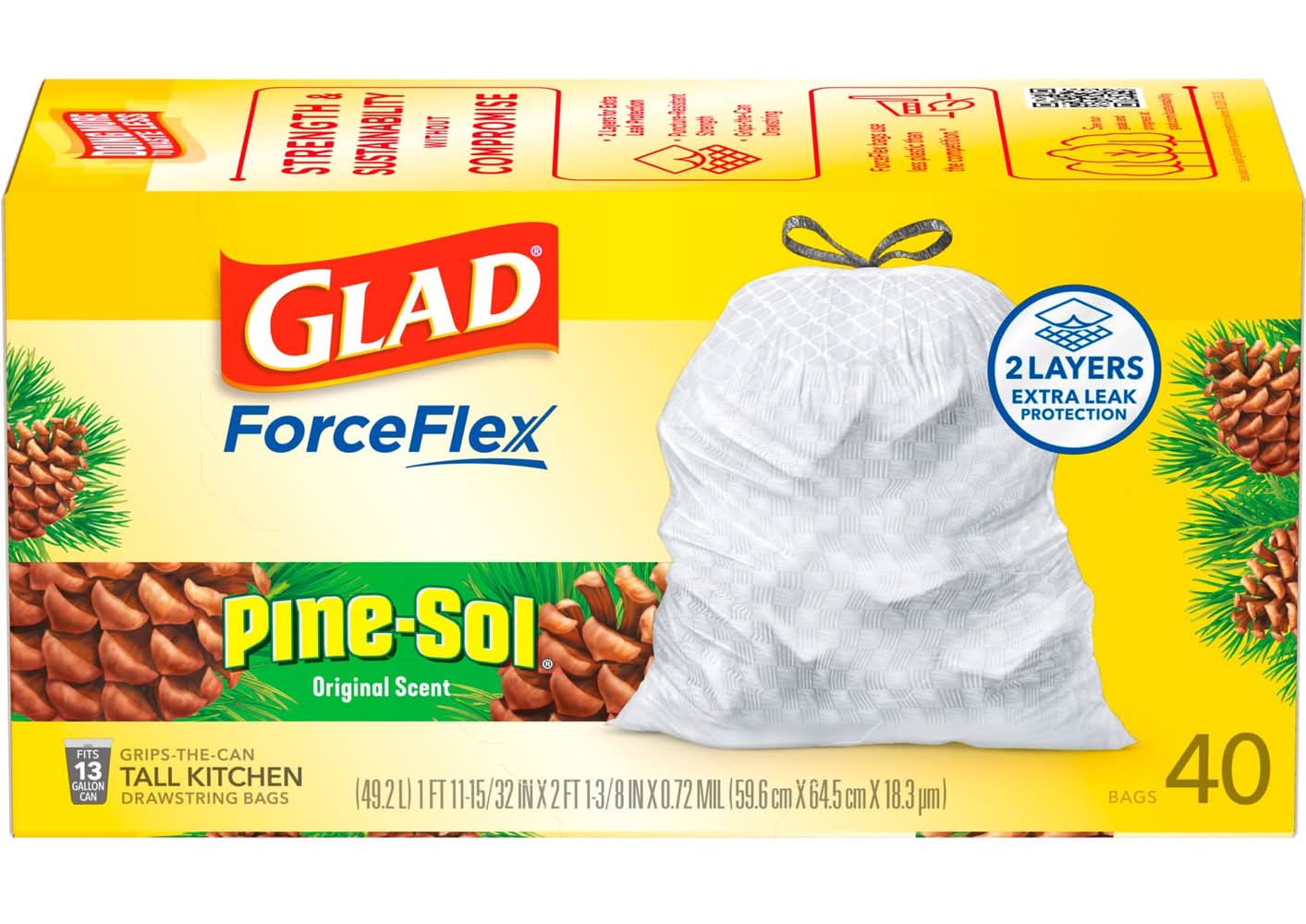 Glad Forceflex 13 Gal Pine Kitchen Trash Bags Drawstring 40 Pk
