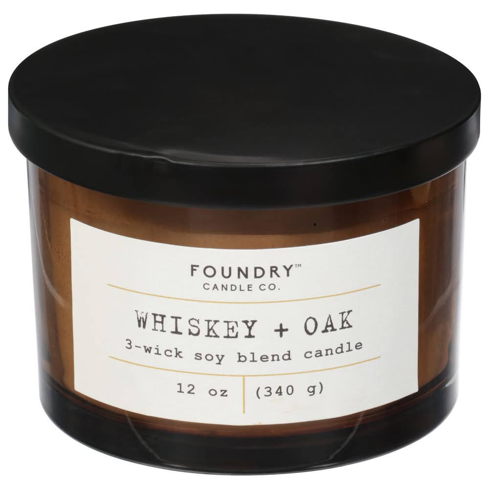 Foundry Candle Co. 3-Wick Soy Blend Candle, Whiskey + Oak (12 oz)